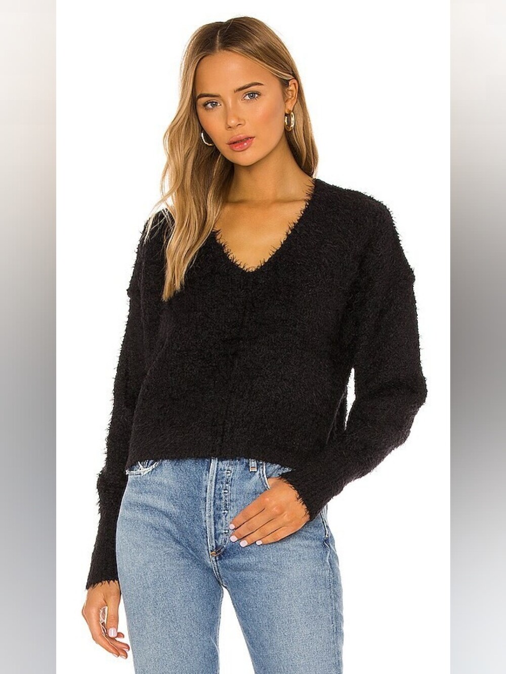 Free People Icing V-Neck Fuzzy Black Sweater Size S
